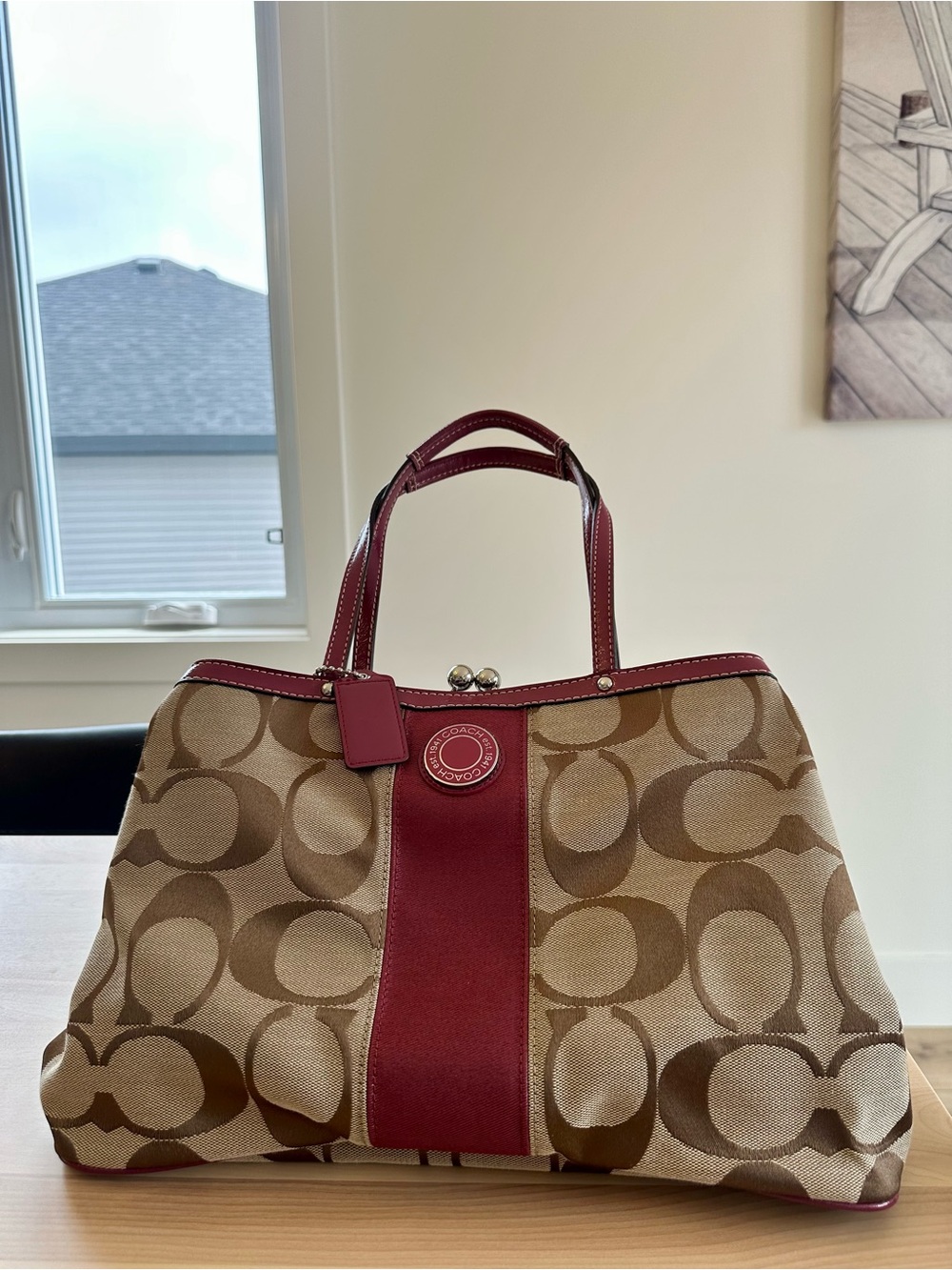 Vintage Coach F19190 Signature Stripe Framed Carryall Kisslock Cranberry Y2K